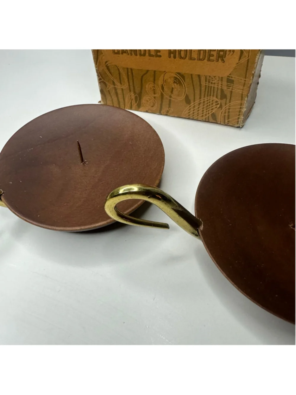 New Vintage Mid-Century Woodpecker Woodware Candle Holders Pair w Original Box